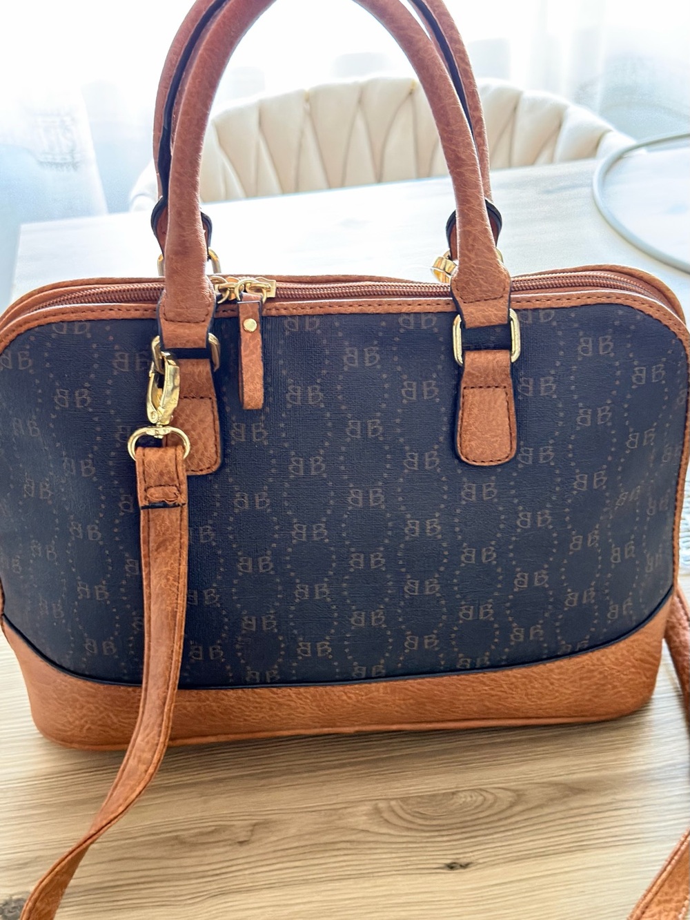 Brown Monogram Satchel Handbag with Tan Trim